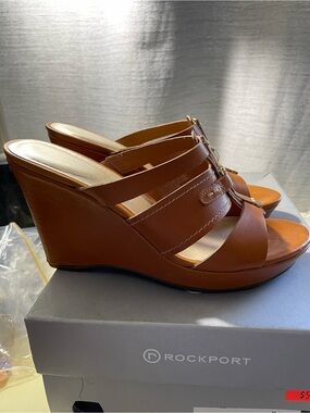 Rockport Women's Tan Leather Wedge Slide Sandals